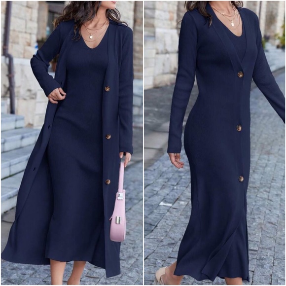 Classic Sleeveless Midi Dress Button Down Long Cardigan Set - Picture 4 of 9